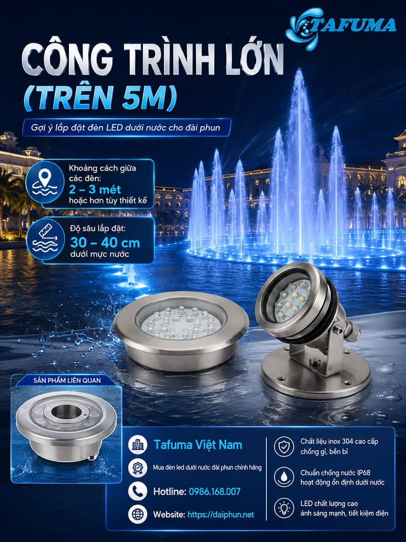 Khoảng cách lắp đèn led dưới nước cho đài phun bao nhiêu là hợp lý?
